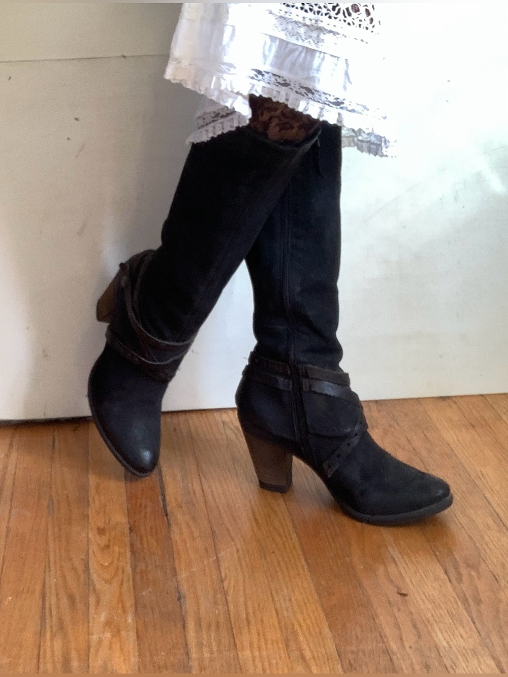 Beauties! Rare Vintage Black Leather Strappy High Boots,Wooden Stacked Heel sz38